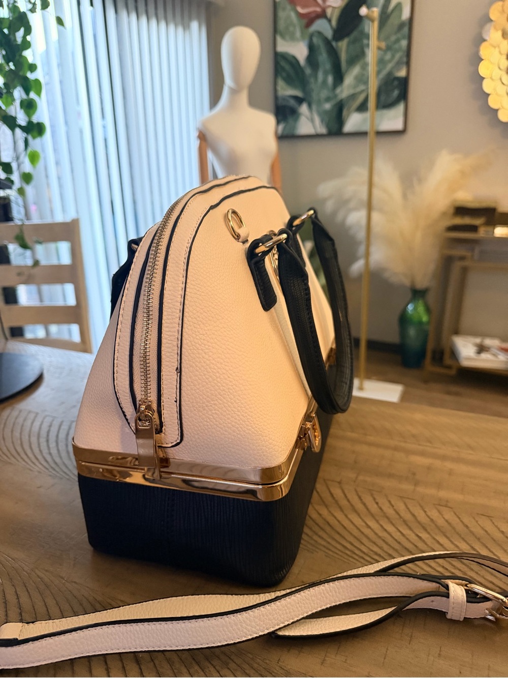Women’s Two-Tone Pink and Black Structured Satchel with Gold Hardware - Picture 2 of 12